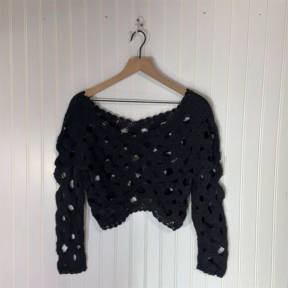 Maeve Anthropologie Black Crochet Sweater One Size Boho Coastal Cowgirl NWT - Picture 1 of 9